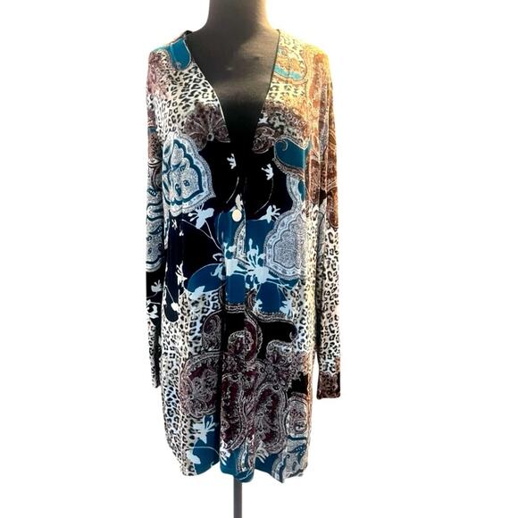 Chicos Mixed Leopard Print Cardigan XL Boho Artsy Funky Eclectic Business Casual - Picture 3 of 12